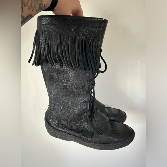 Made In Canada Black Leather Fringed Mukluks Fleece Lined Boots Lace-up 10 M - Picture 5 of 13